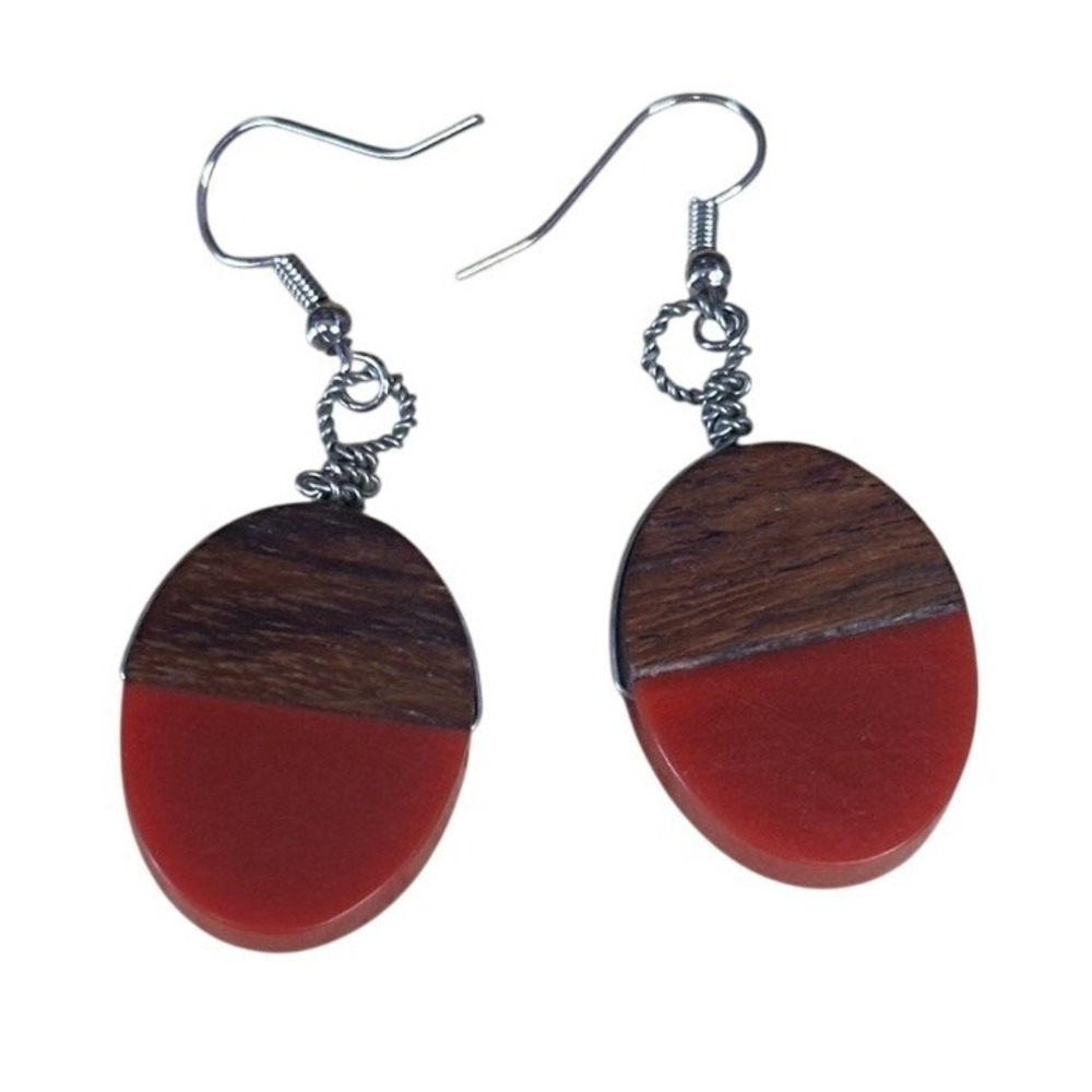 Handmade Wood‎ and Red Resin Oval Drop Earrings Silver Tone French Hook Dangles
